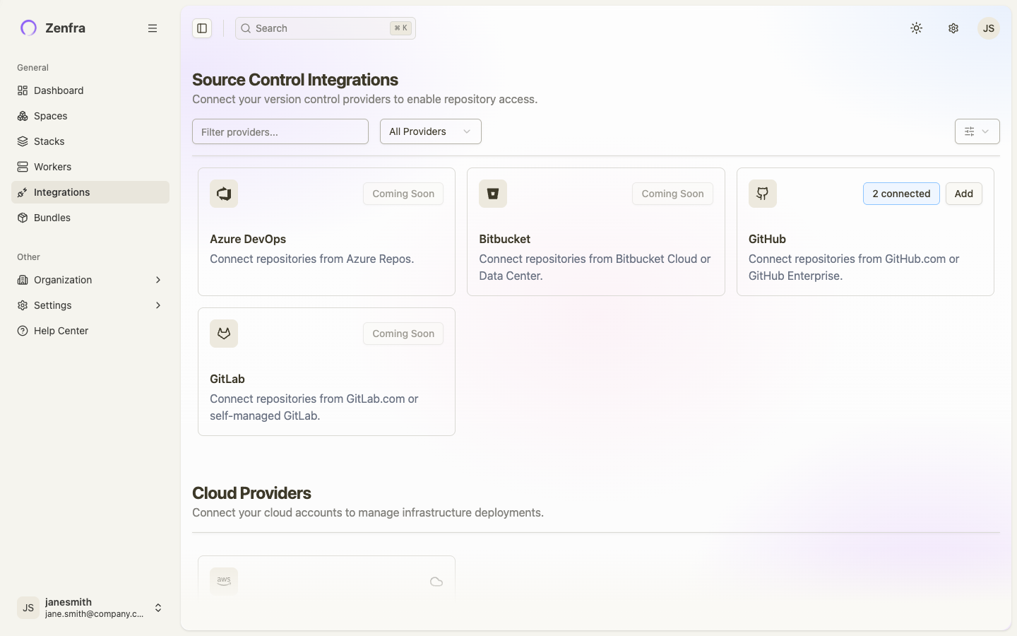 Integrations discovery page showing available providers