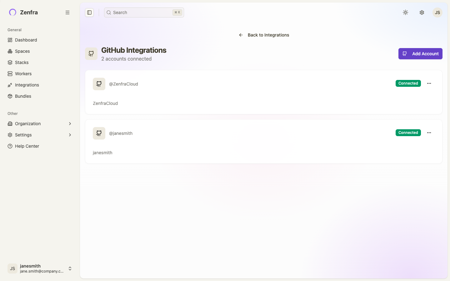 GitHub integrations page showing connected accounts