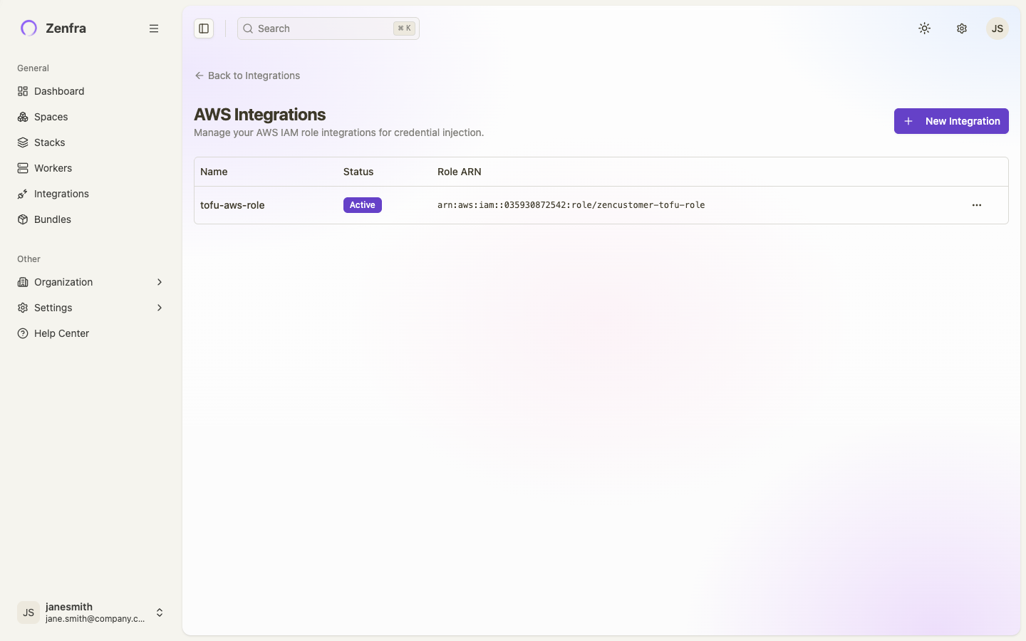 AWS integrations list showing configured integrations