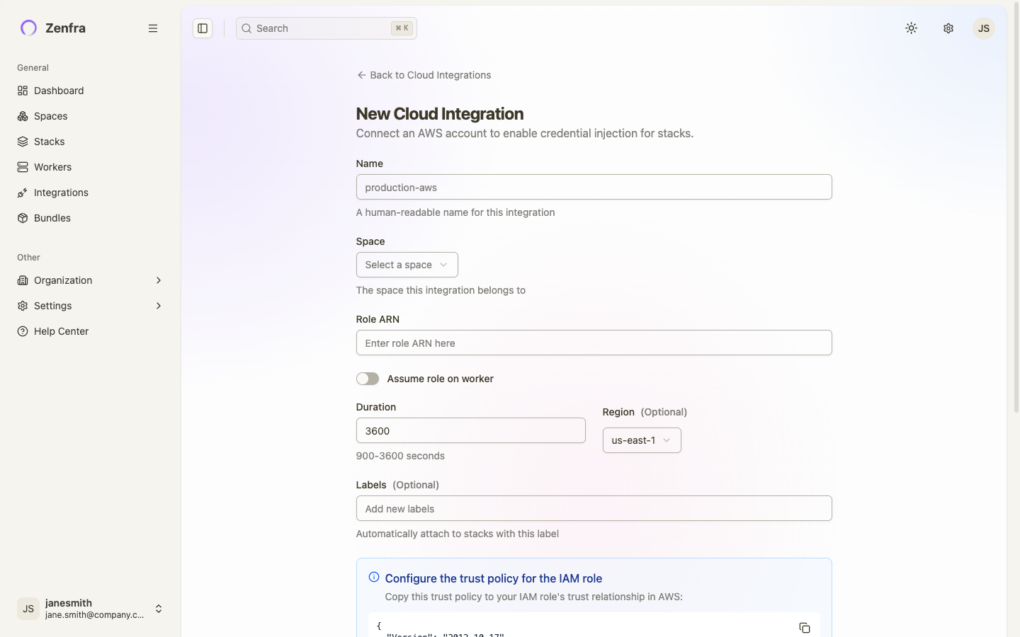 New AWS integration form