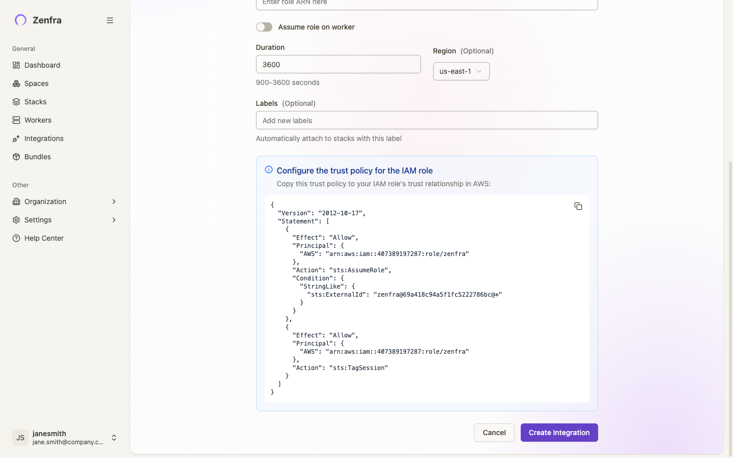 Trust policy JSON for the IAM role