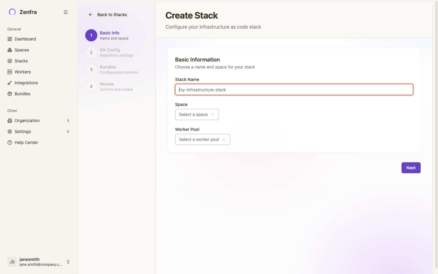 Stack wizard step 1: Basic Information