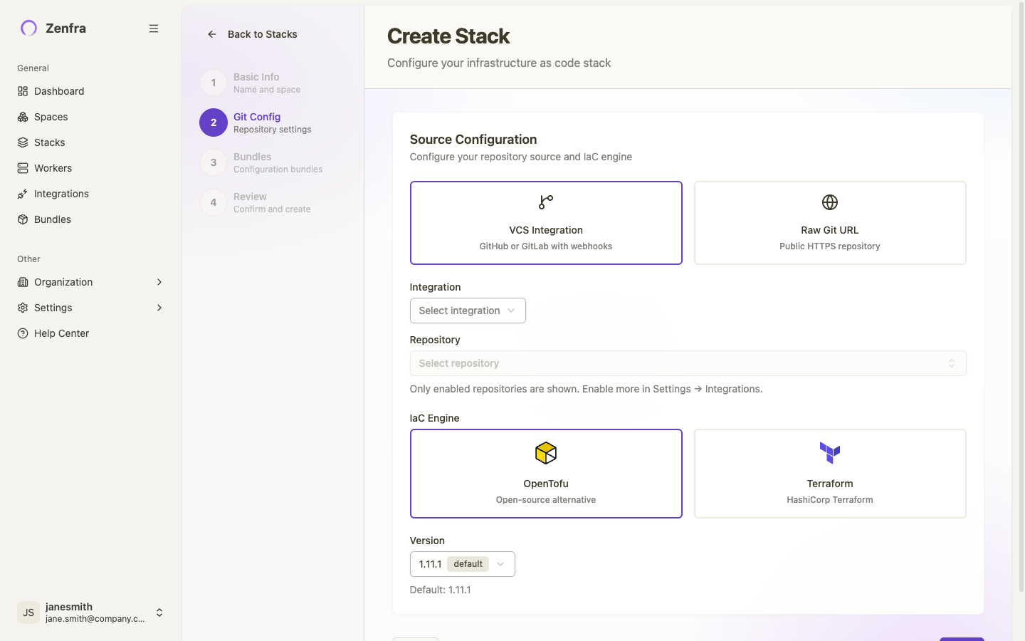 Stack wizard step 2: Source Configuration