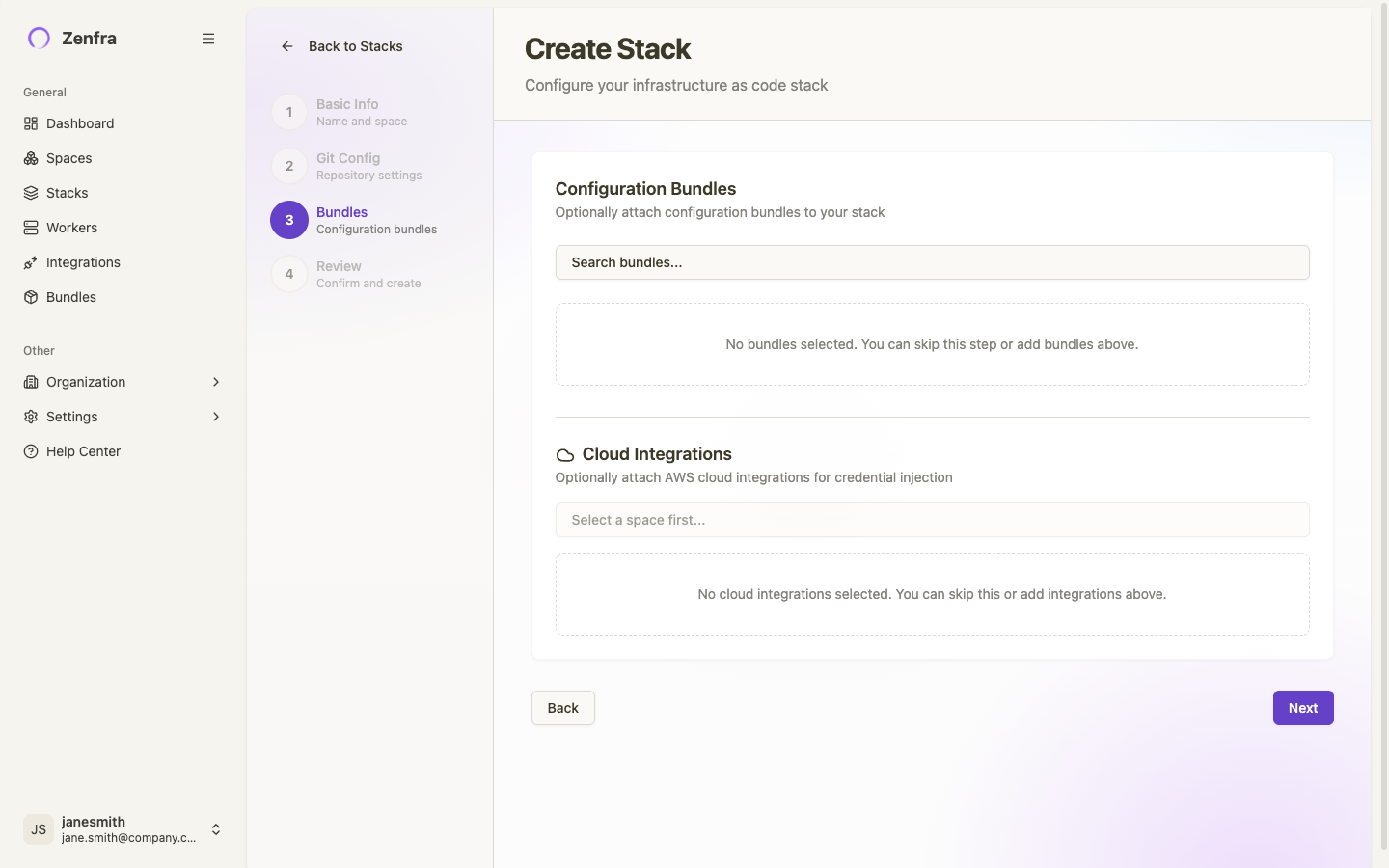 Stack wizard step 3: Configuration Bundles and Cloud Integrations