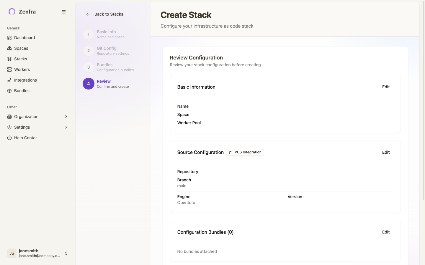 Stack wizard step 4: Review Configuration