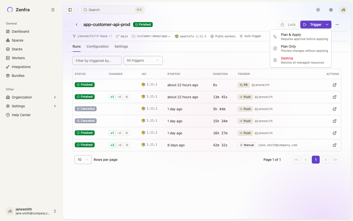 Stack detail page with Trigger dropdown expanded