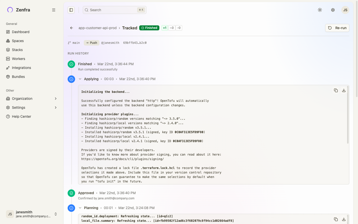 Run detail page showing phase timeline and logs
