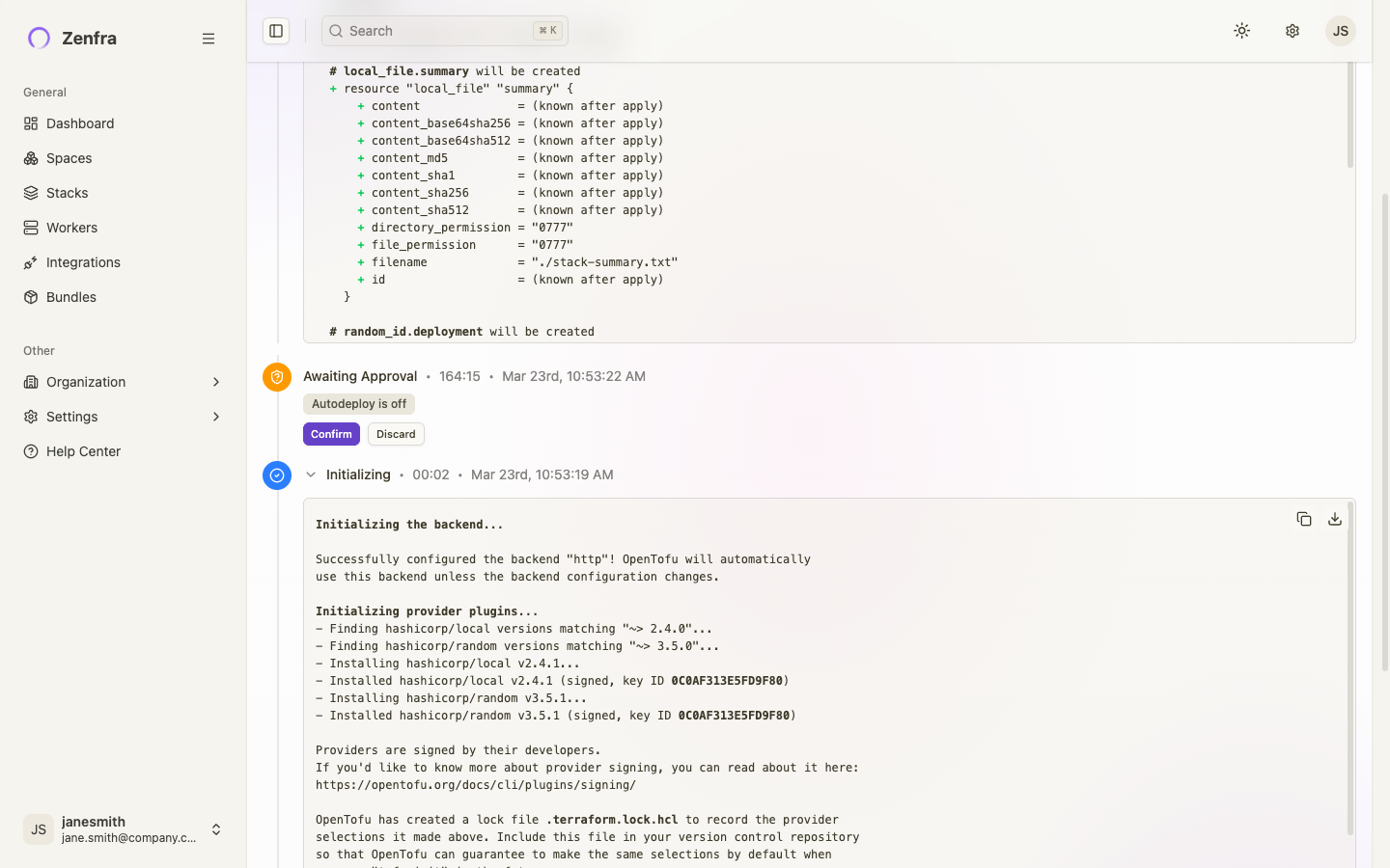 Run awaiting approval with Confirm and Discard buttons