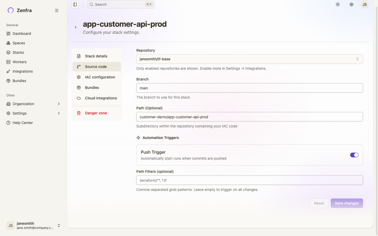 Stack edit page showing Automation Triggers with Push Trigger enabled